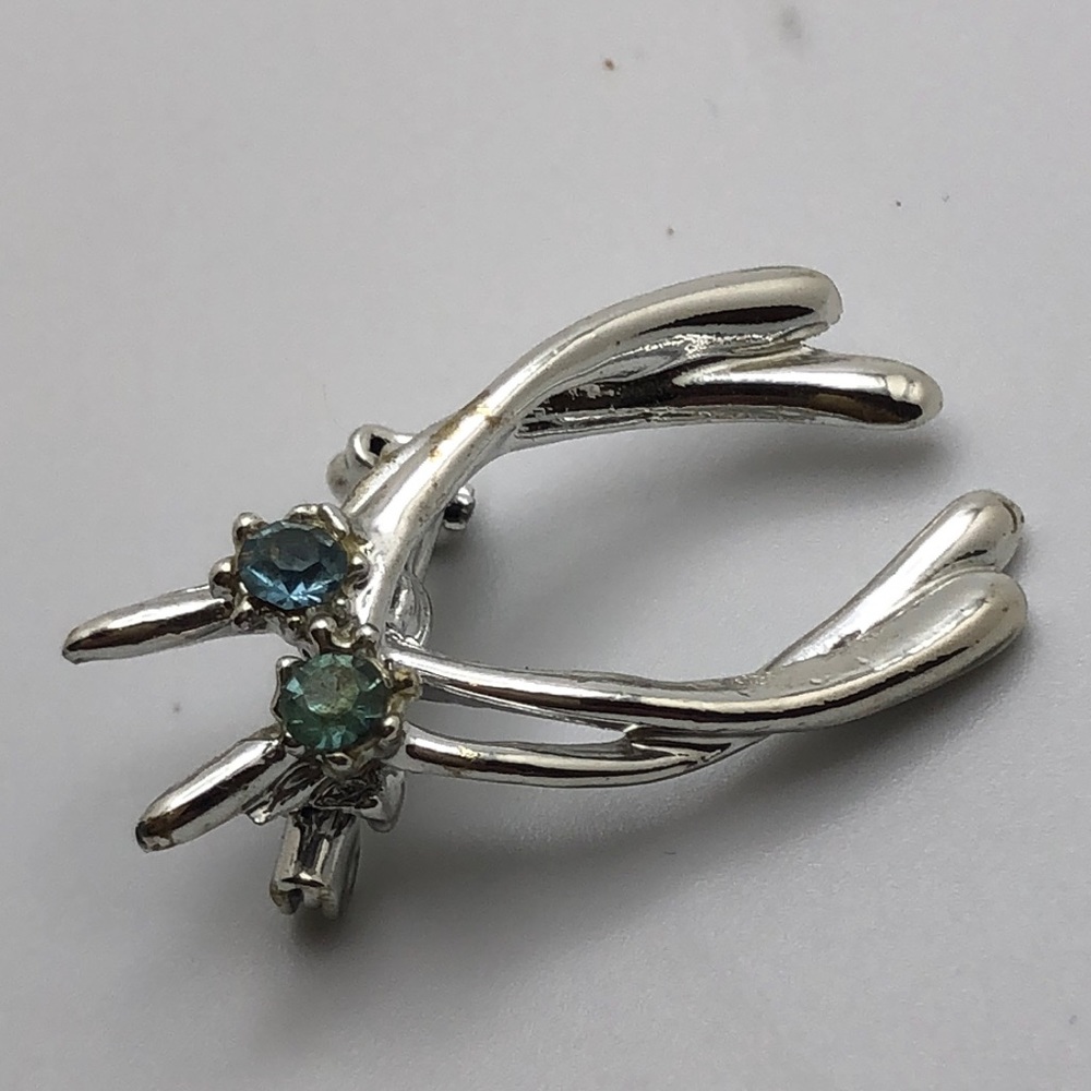 Vintage Double Silver Wishbone with Turquoise Rhinestone